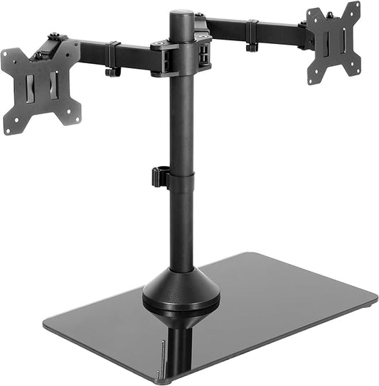 VIVO Freestanding Dual Monitor Stand with Sleek Glass Base and Adjustable Arms, Mounts 2 Screens up to 32 inch and 22 lbs Each, Black, STAND-V002FG