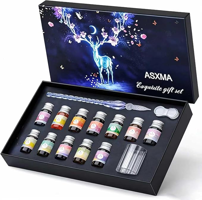 Glass Dip Calligraphy Pen Set, 14-Pieces 12 Color Inks, Pen Holder, Cleaning Cup, 1Crystal Glass Pens for Art, Writing, Drawing, Signatures, Gift for Kids and Artist