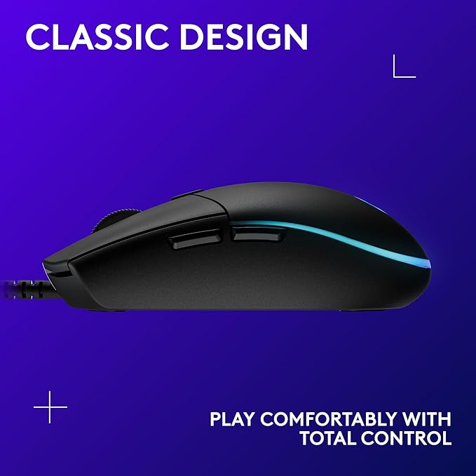Logitech G203 Wired Gaming Mouse, 8,000 DPI, Rainbow Optical Effect LIGHTSYNC RGB, 6 Programmable Buttons, On-Board Memory, Screen Mapping, PC/Mac Computer and Laptop Compatible - Black