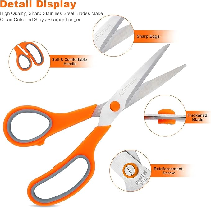 Scissors, Hnncugty 8" Scissors All Purpose Bulk Set of 6-Pack, Sharp Shears for Office Home Craft Sewing Fabric, High/Middle School Supplies Student Teacher Supplies, Comfort Grip Right/Left Handed