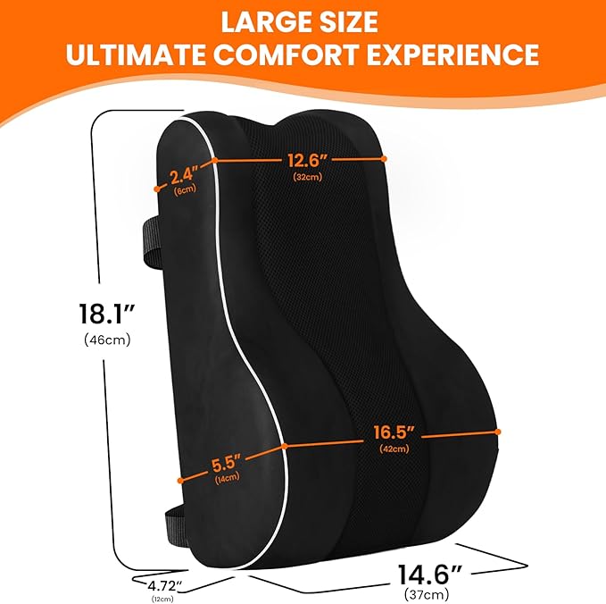 CloudBliss Ergonomic Lumbar Support Pillow – Memory Foam for Lower Back Pain Relief, Adjustable Straps & Mesh Cover for Office, Gaming, Car Seat & Home Essentials (Black)