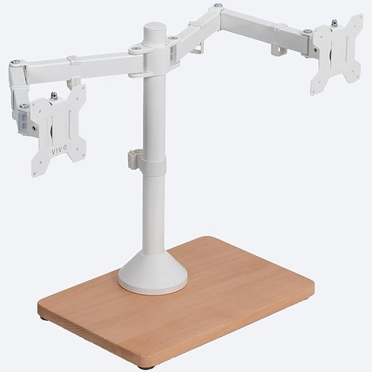 VIVO Freestanding Dual Monitor Stand with Solid Wood Base and Adjustable Arms, Mounts 2 Screens up to 32 inch and 22 lbs Each, White, STAND-V002FD-W