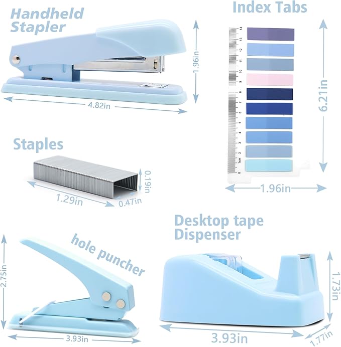 Blue Office Supplies,UPIHO Blue Desk Accessories,Stapler and Tape Dispenser Set for Women with Stapler,Tape Dispenser,Magnetic Staple Remover,Staples,Clips,Hole Punch and Tabs,School Supplies