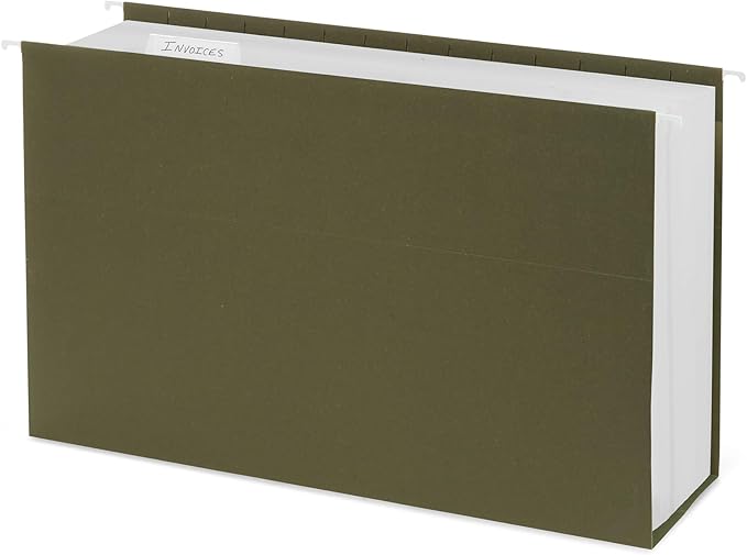 25 Blue Summit Supplies Legal Size Hanging File Folders, 4" Expansion, Standard Green, 12pt Paper, Plastic Tabs Included, Expandable Hanging File Folders, 25 Pack