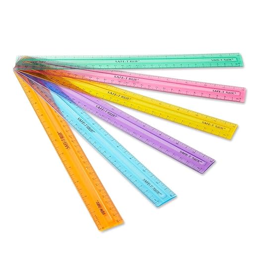 hand2mind 12 inch Multicolored, Transparent, Semiflexible Safe-T Plastic Rulers, Rainbow Plastic Rulers, Safety Ruler for Measurement, Safety Kids School Supplies, Straight Rulers (Pack of 24)