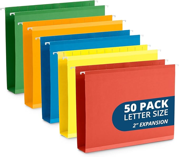 Blue Summit 50 Extra Capacity Hanging File Folders Letter Size, 2 Inch Expansion, Hanging File Folders Extra Capacity, Designed for Bulky Files, Filing Cabinets, Medical Charts, Assorted Colors