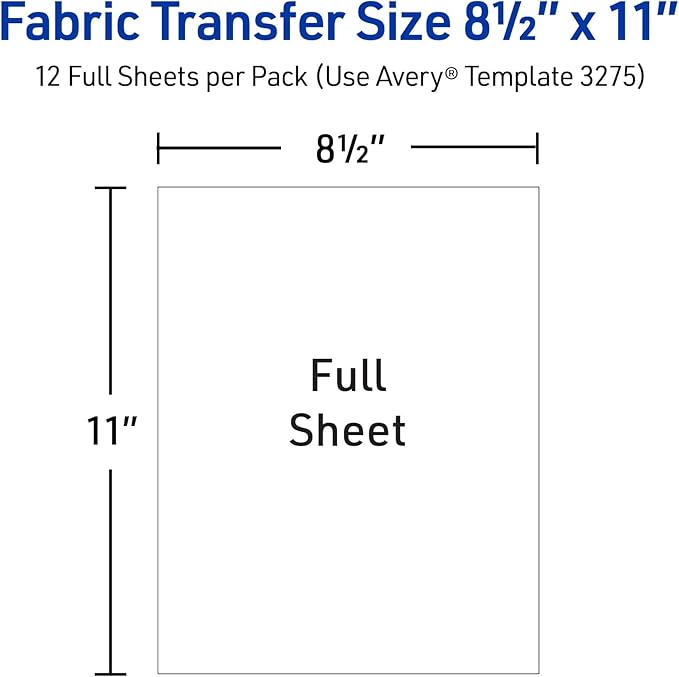 Avery Printable Heat Transfer Paper for Light Fabrics, 8.5" x 11", Inkjet Printer Compatible, 12 Sheets of Iron On Transfer Paper, Great for Custom Shirts, Uniforms, Gifts, and More (3275)