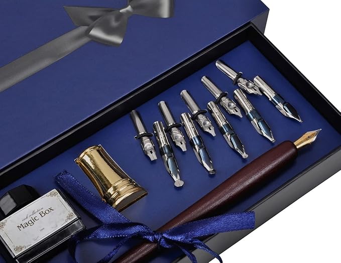 Plotube Wooden Pen Calligraphy Set - Dip Pen Gift Writing Case - Black Ink Bottle & Golden Holder & 11 Nibs and Beginner's Manual