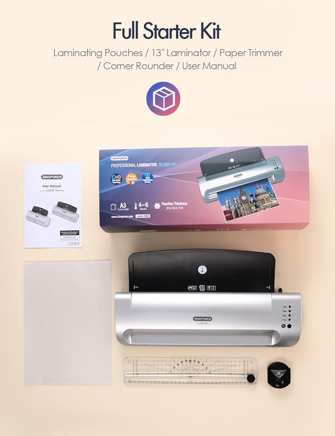13-Inch Thermal & Cold Laminator Machine, Quick Warm-Up, 3 Temp Settings, Jam-Free ABS, Built-in Paper Trimmer & Corner Rounder, 10 Laminating Pouches, for Home Office School
