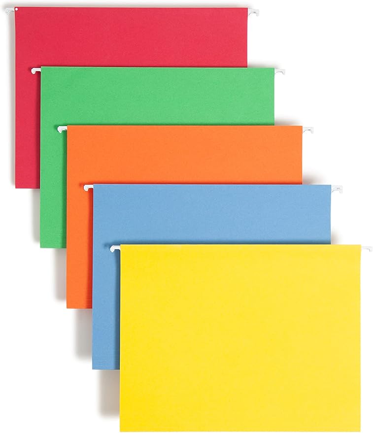 Smead Standard Hanging File Folders, 25 Count, Assorted Primaries, 1/5-Cut Adjustable Tabs, Letter Size (64059)
