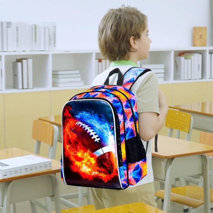 KLFVB 3PCS Kids Bookbag, 17" Boys Backpack and Lunch Box, Water Resistant Teenagers School Bag for Middle Elementary - Flame Rugby