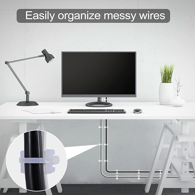 100 Pcs Cable Zip Tie Saddle Type Mounts Base with 8" Cable Ties Tapping Screw, Wire Cable Clips Organizer Holders Clamps White