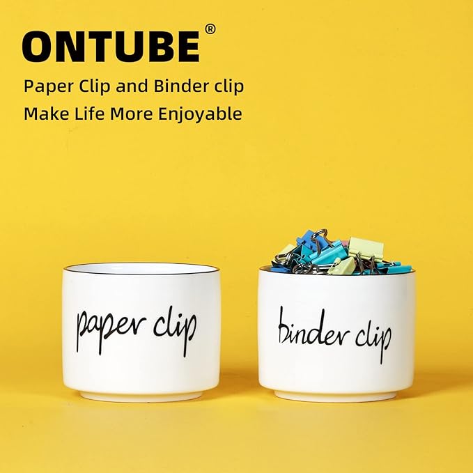 ONTUBE Ceramic Paper Clip Holder and Binder Clip Holder Set Dispenser Organizer for Desk (White)