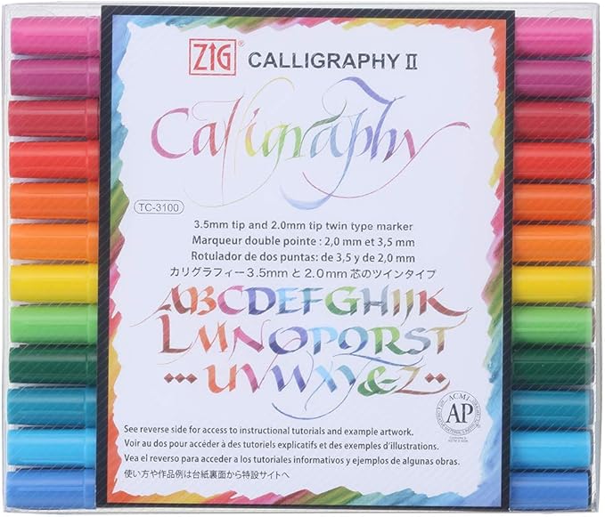 Kuretake ZIG Calligraphy Marker Pens, 24 Colors set, 2mm & 3.5mm Dual Tip Markers, for Writing & Hand Lettering, for Professional, Beginner, Water-based dye ink, Made in Japan