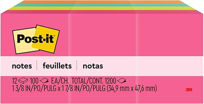 Post-it Mini Notes, 1 3/8 in. x 1 7/8 in., 12 Sticky Notes Pads, 100 Sheets per Pad, Poptimistic Collection, School Supplies and Oﬃce Products, The Original Post-it Note