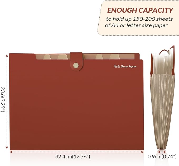 SKYDUE File Folder with Labels, Accordion File Organizer with 8 Pockets, Portable Document Organizer, A4 Letter Size, Paper Organizer for Office, Brown
