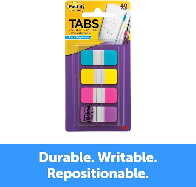 Post-it Tabs, .625 in Solid, Aqua, Yellow, Pink, Violet, 10/Color, 40/Dispenser (676-AYPV) (24 Pack)