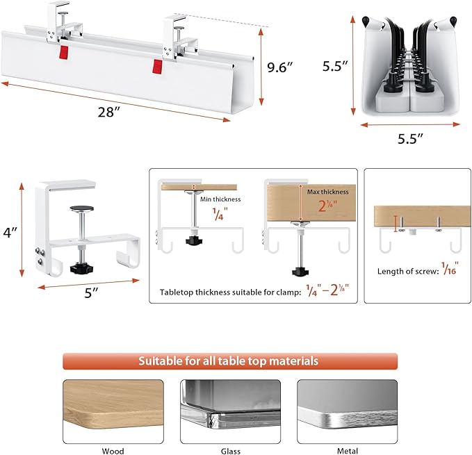 Univivi No Drill Under Desk Cable Management Tray, 28" Cord Organizer for Table, Clamp/Screw Mount Desk Cable Management, Premium Fabric Cable Management Tray for Office, Home