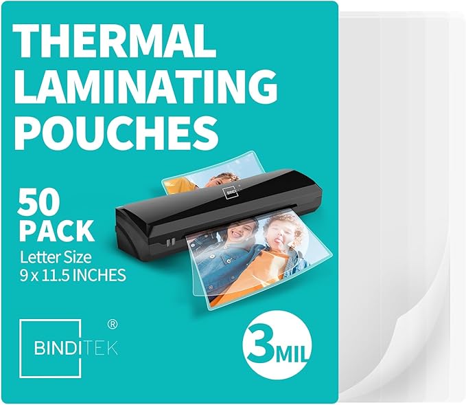 Binditek 50 Pack 3 Mil Thermal Laminating Pouches, 9x11.5 Inches Laminating Sheets, for Letter Size, Ultra Clear, Glossy, Hold 8.5x11 Inches, Heat Seal, School Office Supplies