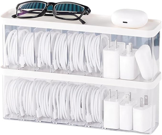 Charger Cable Cord Storage Organizer Box - 2 Pack With Lid - Easy Storage Without Cable Ties