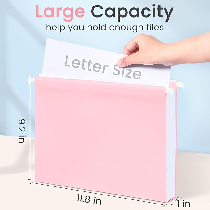 Sooez Tear-Resistant Plastic Hanging File Folders Letter Size, 12 Count File Organizer Suitable for File Cabinet Filing Cabinets, 1/6-cut Adjustable Tabs for Office, School, Pastels Colors, Pink