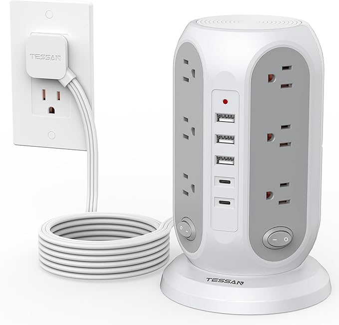 TESSAN Tower Power Strip with Individual Switches, Surge Protector with 12 Outlets, 5 USB Ports(2 USB C), Flat Extension Cord 10 Ft, 1250W, Charging Station for Multiple Devices, for Office, Dorm