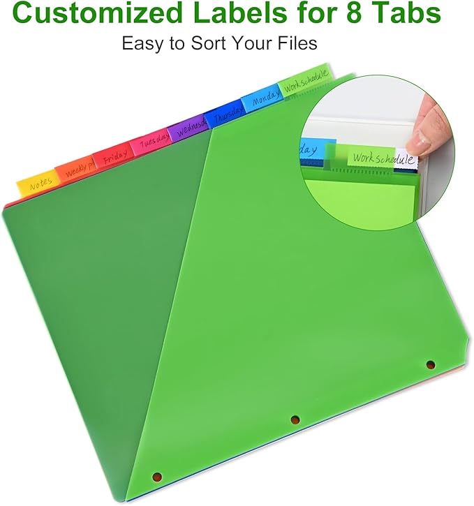 8-Tab Binder Dividers - Index Pockets Divider for 3 Ring Binders, 3-Hole Plastics Sheets Protectors for US Letter Size in 0.5'', 1'', 2'', 3 inch Binders, 8 Colors (XY004) (2 Packs)