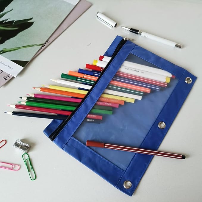 YoeeJob Binder Pouches for 3 Ring Binder, Pencil Pouch Pen Holder Case with Clear Window, Zipper Stationery Bag for School Class Office,24 Pack, Blue
