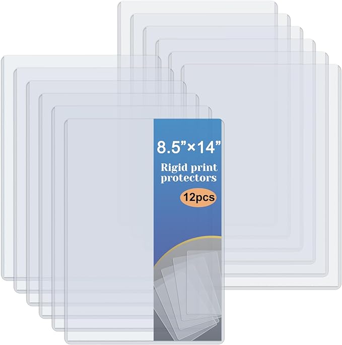 Rainmae 12 Pack 8.5" x 14" Rigid Print Protectors, Clear Waterproof Hard Plastic Page Sheet Protectors, Paper Sleeves Photo Plastic Sleeves Hard Document Birth Certificate Protector