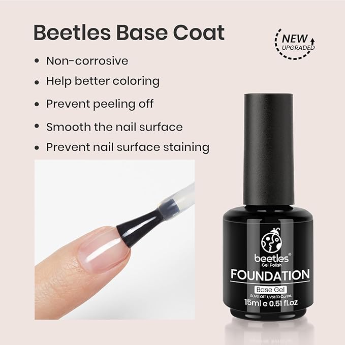 Beetles Milky White Gel Nail Polish No Wipe Gel Top Coat and Base Coat Set 3Pcs 15ml, Nude Jelly Color Long Lasting, Soak Off U V LED Nail Art Design for Women