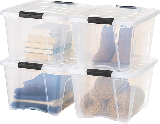 IRIS USA 32 Qt Stackable Plastic Storage Bins with Lids, 4 Pack - BPA-Free, Made in USA - See-Through Organizing Solution, Latches, Durable Nestable Containers, Secure Pull Handle - Clear