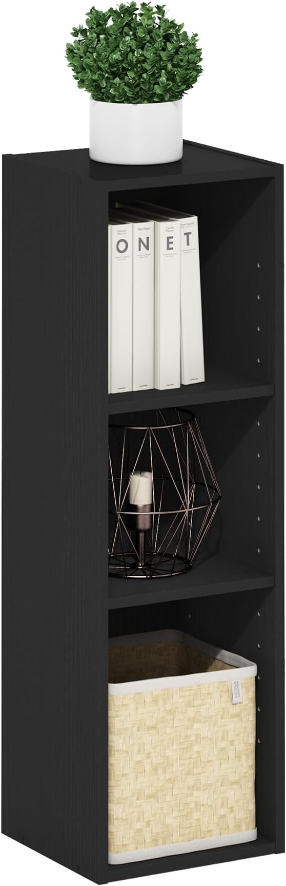 Furinno Fulda Book Shelf, 3-Tier Narrow Bookshelf, Bookcase with 10-in Width Storage Shelf, 9.3 x 9.8 x 31.5, for Living Room, Bedroom, Home Office, Blackwood