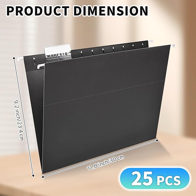25-Pack Black Hanging File Folders, Letter Size (8.5" x 11Inch), Includes 35 Transparent Label Cards & 50 Sticker Labels,1/5-Cut Tabs for Home & Office Organization