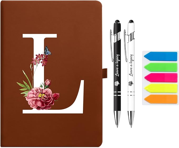 Premium Hardcover Executive Notebook and Pen Set - A5 Journal Notebook 192 Line Pages, 2 Smooth-Writing Ballpoint Pens, Arrow Sticky Notes - For Office & School Supplies Letter L Floral Design Brown