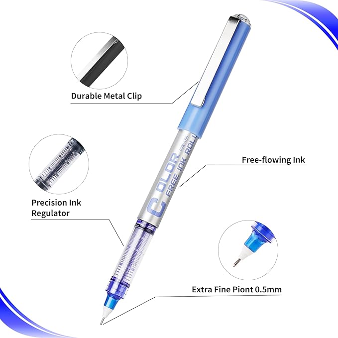 EYEYE Needle Rollerball Pens 0.5mm, 10 Assorted Colors Extra Fine Point Pen Quick Dry, Liquid Ink Pens Fine Point Smooth Writing Pen for Journaling, Note Taking, Office, Doodling & Gifts