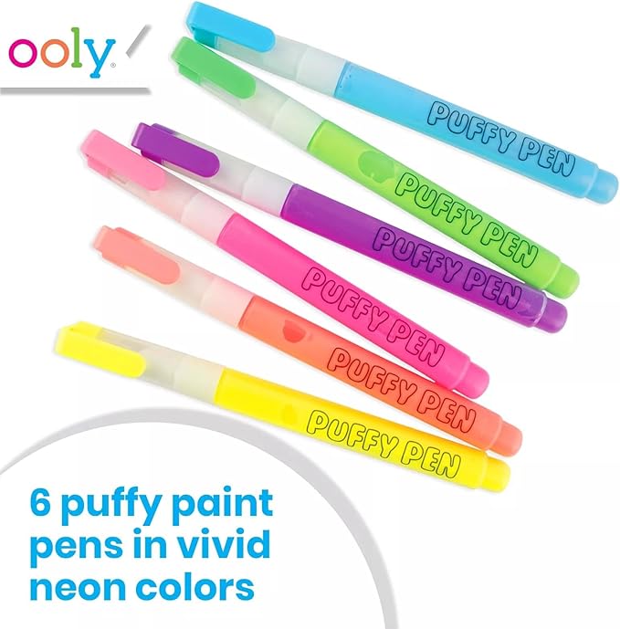 Ooly Puffy Paint Neon Gel Pens Set of 6, 3D Foam Texture Painting Magic Puffy Pen, Creative and Fun Pens for Kids Arts and Crafts Drawing Supplies