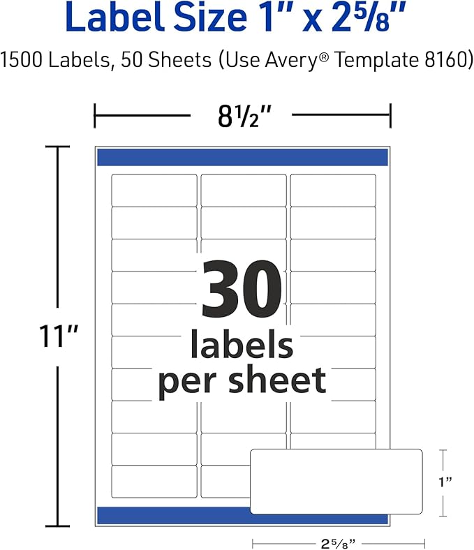 Avery Easy Peel Printable Address Labels with Sure Feed, 1" x 2-5/8" Customizable Stickers, White, 1,500 Blank Mailing Labels, Great for Mailing, Shipping, and More (2-Pack of 08160)