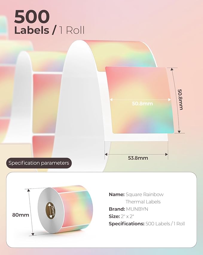 MUNBYN 2x2 Thermal Sticker Labels, Rainbow Color Square Thermal Labels for Small Business, Logo Design, Baking, 500 Sheets/1 Roll