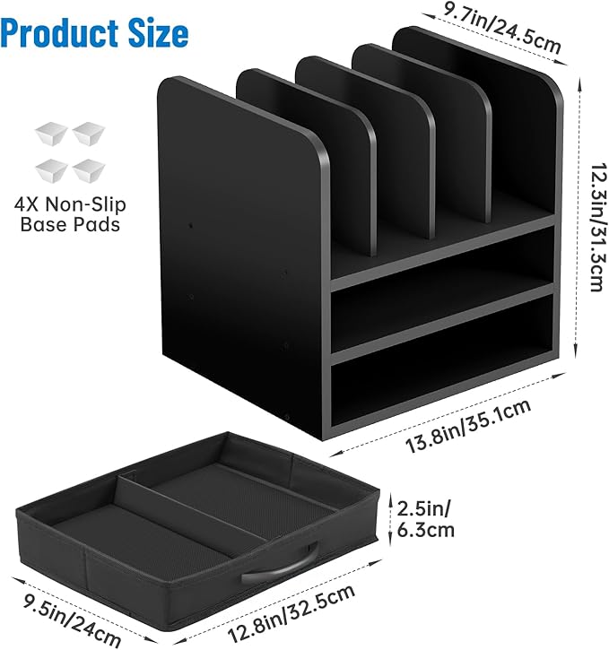 Desk File Organizer for Home, Office, School, Wooden Frame Desktop Storage Solution for Office Supplies, Documents, Papers, Folders and Stationery, Space-Saving and Stylish Document Sorter