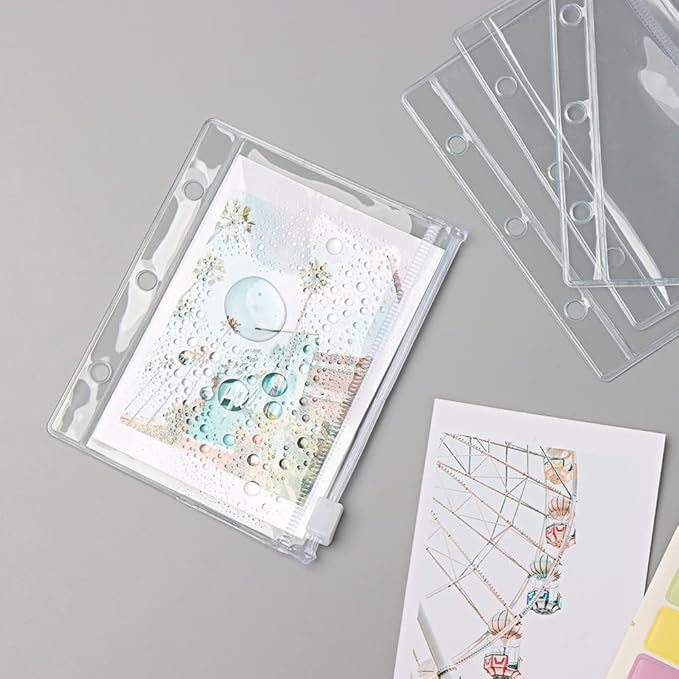 12Pack Binder Pockets Clear Mini Size Zipper Binder Pouches Bag Waterproof Loose Leaf 3 Holes Zipper Binder Pockets for Journal Budget Filing Pockets Bags