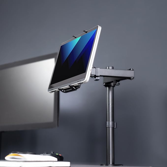 VIVO Universal Tablet Desk Mount, Single Arm Adapter for 2-in-1 Laptops, Holds up to 15.6 inch Portable Monitors Without VESA Holes, Fully Adjustable Stand, Black, STAND-V001UVM