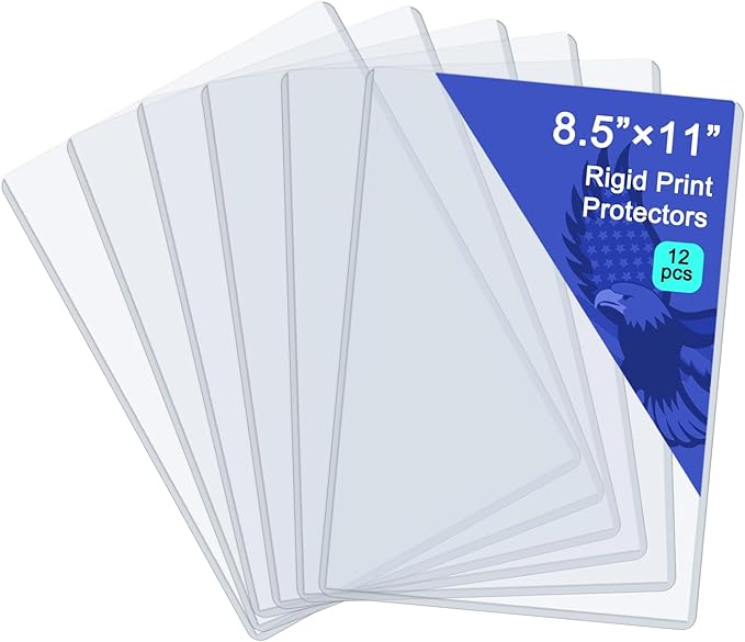 Rainmae 12 Pack 8.5" x 11" Rigid Print Protectors, Clear Waterproof Hard Plastic Page Sheet Protectors, Paper Sleeves Photo Plastic Sleeves Hard Document Birth Certificate Protector
