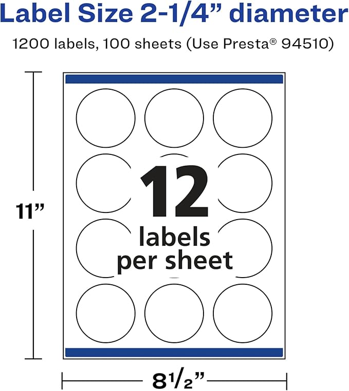Avery Glossy White Round Labels, Sure Feed Technology, 2.25" Diameter, 1,200 Glossy White Labels, Print-to-The-Edge, Permanent Adhesive, Laser/Inkjet Printable