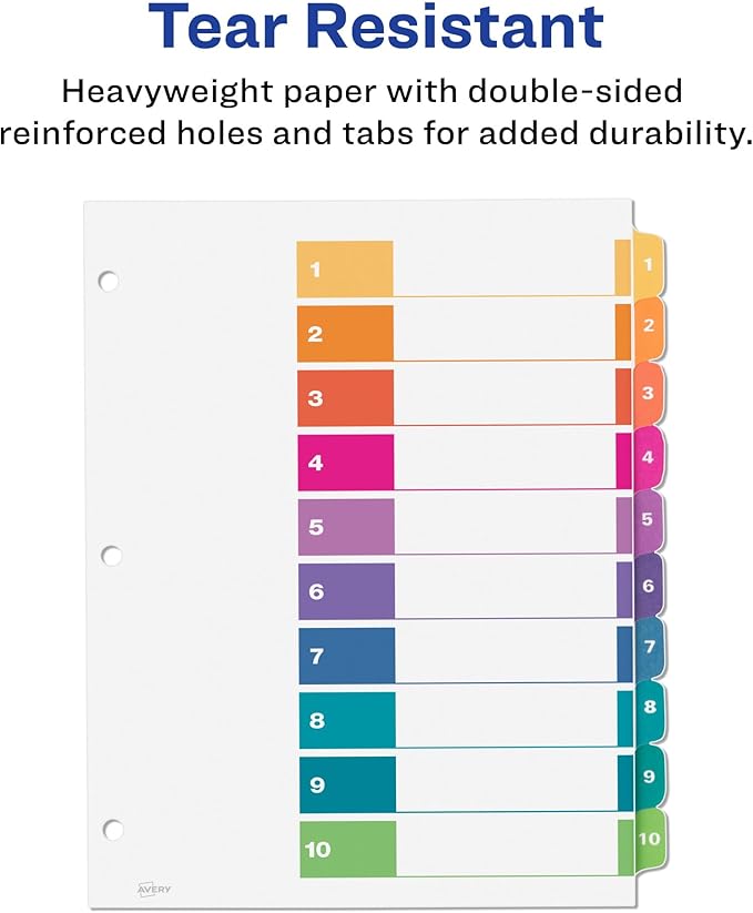 Avery 10 Tab Dividers for 3 Ring Binders, Customizable Table of Contents, Multicolor Tabs, 24 Sets (11169)