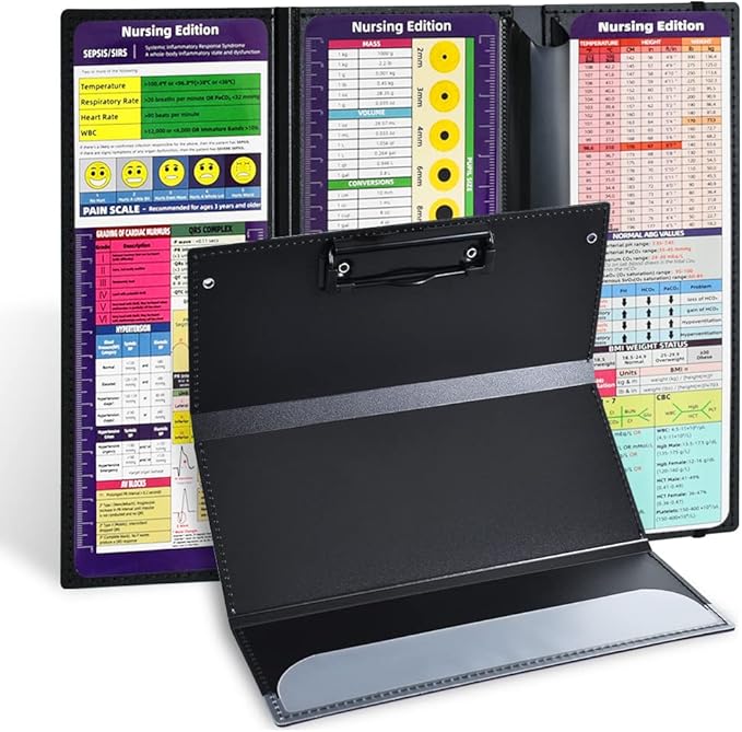 Vuzvuv Nursing Clipboard Foldable,Black Nurse Pocket Clipboard 3 Layers with Nursing Medical Edition Cheat Sheets, Foldable Nurse Clip Boards Notepad for Students, Nurses, Doctors and Medical Staff