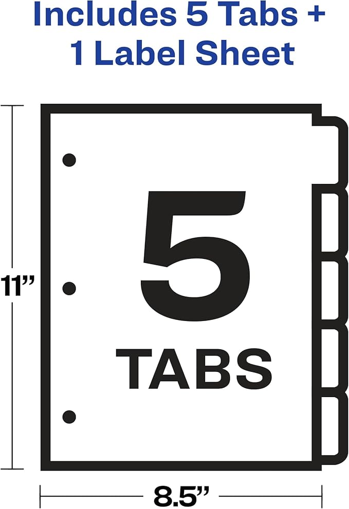 Avery 5 Big Tab Dividers for 3 Ring Binder, Easy Print & Apply Clear Label Strip, Index Maker Customizable White Tabs, 1 Set (11490)