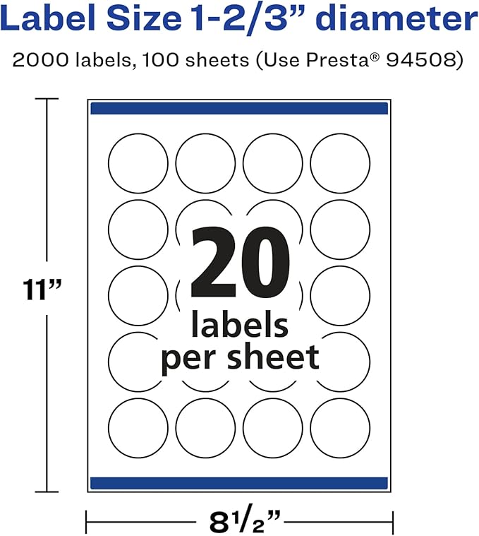 Avery Glossy White Round Labels, Sure Feed Technology, 1-2/3" Diameter, 2,000 Glossy White Labels, Print-to-The-Edge, Permanent Adhesive, Laser/Inkjet Printable