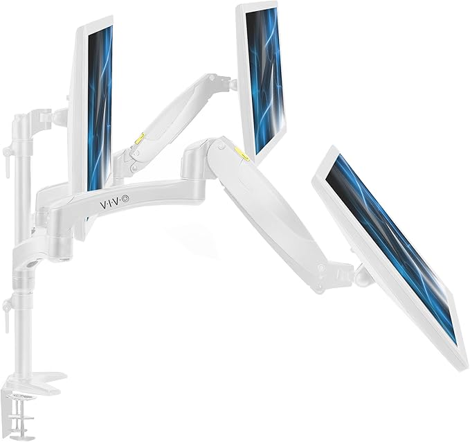 VIVO 17 to 32 inch Triple Pneumatic Monitor Mount, 2 Pneumatic Arms, 1 Fixed, Adjustable Swivel, Rotation, Heavy Duty VESA Desk Stand with C-clamp, Max VESA 100x100, White, STAND-V300GW