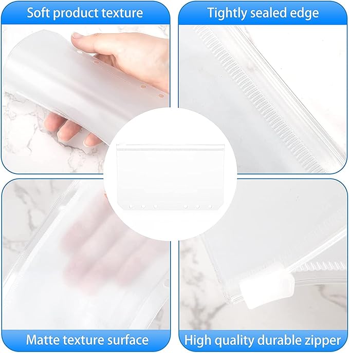 30pcs A6 Binder Pockets 6 Holes Zipper Folders Clear PVC Card Loose Leaf Bags Cash Envelopes for Budgeting Binder Waterproof Document Filing Bags for 6 Ring Notebook Planner Inserts