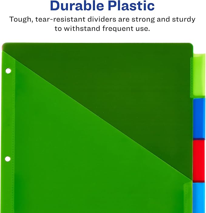 Avery Dividers for 3 Ring Binders, 5 Tab Plastic Binder Dividers, Pockets, Insertable Big Tabs, Multicolor, Extend Beyond Sheet Protectors, 1 Set (11902)